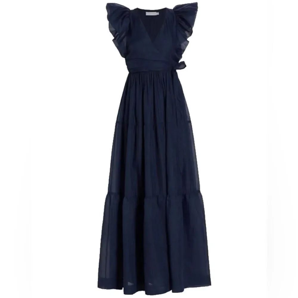 💙 Jonathan Simkhai Midnight Tiered Maxi Dress – NWT – Dramatic Flutter Sleeves 💙